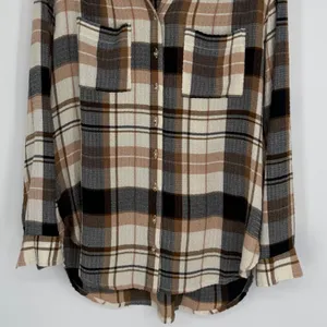 Anthropologie Pilcro Relaxed Long-Sleeve Checkered Shirt Small Brown Plaid Boho Casual Flannel thumbnail 6