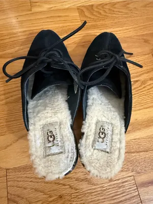 UGG Australia Shearling Lined Molly Black Suede Lace Up Heeled Mules Sz 10 EU 41 thumbnail 2