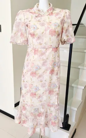 Floral Cheongsam Midi Dress Pearl Stand Collar Puff thumbnail 1