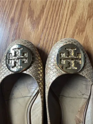Tory Burch Metallic Gold Logo Embellished Reva Flats thumbnail 2