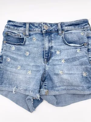 American Eagle Hi-Rise Shortie Size 4 Daisy Embroidered Denim Jean Shorts Cotton thumbnail 3