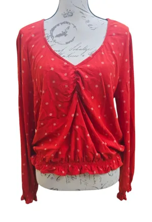 American Eagle -590 Red‎ Floral Print Long Sleeve V-Neck Ruched Blouse - Large thumbnail 1
