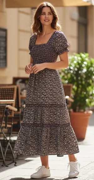 CAARA Smocked tiered Midi dress puff sleeves Ditsy floral Sz M Romantic chic thumbnail 1