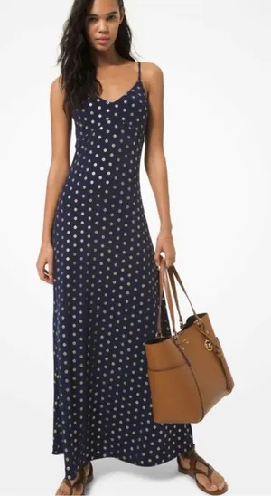 Michael Michael Kors Small Navy Gold Foiled Medallion Prints V Neck Maxi Dress thumbnail 1