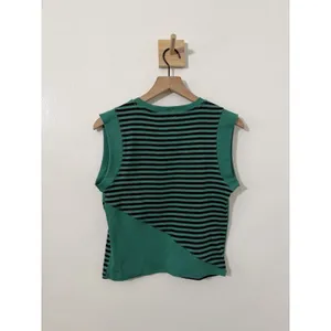 Maeve Green/Black Striped Ribbed Knit Crew Neck Sleeveless Muscle Tank Top Sz M thumbnail 5