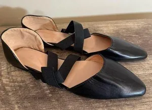 Black Faux Leather Flats Dress Shoes Size 40 Pointed Toe elastic straps thumbnail 1