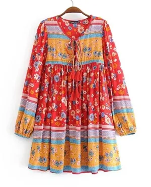 R.Vivimos Red Floral Boho Mini Dress Long Sleeve Tassel V-Neck Size S‎ 4/6 thumbnail 1