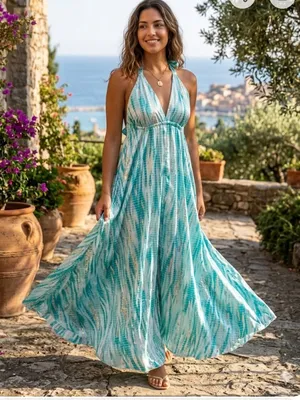 Seafoam Halter Maxi Dress - Flowing Aqua & White Print thumbnail 1