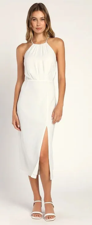 NWOT Lulus Dreamy Date Night White Sleeveless Midi Dress Wedding Cocktail Size M thumbnail 1
