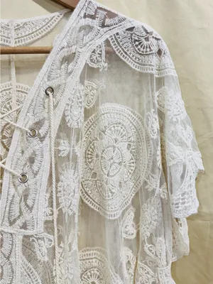 Cream Lace Crochet Kimono Cover Up Beach Swim Tassel Tie Sheer Embroidered OS thumbnail 5