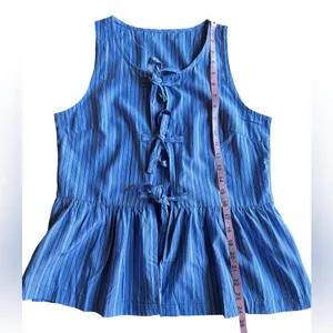 Amazon Blue Pinstripe Tie Front Peplum Top Size M Babydoll Blouse Cottagecore Summer thumbnail 7