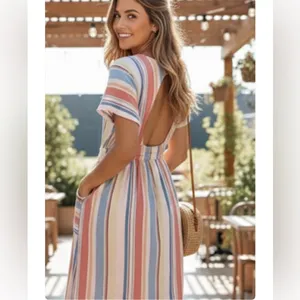 a.n.a Striped Linen Blend Midi Dress Open Back Pockets Women’s Size M thumbnail 14