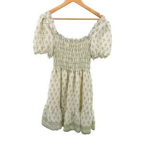 MINE Smocked Puff Sleeve Mini Dress Green‎ White Floral M Milkmaid Cottage Girly thumbnail 6