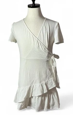 Princess Polly White Textured Wrap Mini Dress Ruffle Tie‎ Waist Fairycore thumbnail 1