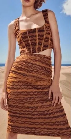 Zara Printed Brown and Orange Tulle Midi Length Fitted Ruche Skirt thumbnail 1