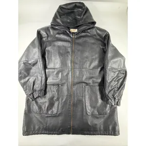 Venezia Vintage Black Leather Hooded Parka Jacket Womens Large 02-9438-9 Zip Up thumbnail 3