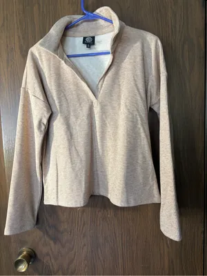 Bobeau soft fleece pullover features a beige color and a V Neck neckline thumbnail 1