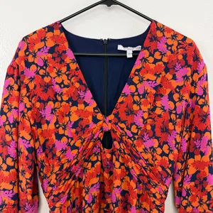 Derek Lam 10 Crosby Dress Womens 6 Orange Pink Floral Ruched Tiered Mini V-Neck thumbnail 2