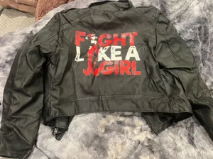 Black Faux Leather Jacket with Red & White 'Fight Like a Girl' Back Graphic thumbnail 1
