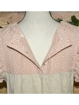 Entro Beige Pink Cap Sleeve Tiered Top Size S Striped Polka Dots Shabby Chic thumbnail 9
