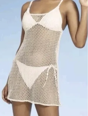 Wild Fable Mesh Fishnet Swim Cover-Up Dress in Cream thumbnail 1