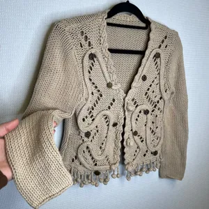 Unique Beige Knit Cardigan Sweater Buttons Fringe Tassel Boho‎ thumbnail 1