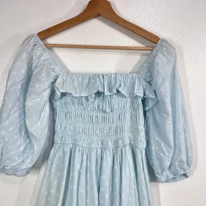 R.Vivimos Swiss Dot Smocked Maxi Dress Size Medium M‎ Light Blue Off Shoulder thumbnail 6