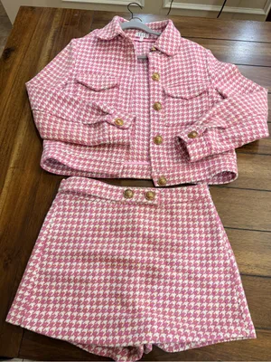 TCEC Pink Tweed Houndstooth Blazer Jacket & Skort Shorts Set Metallic Gold M thumbnail 2