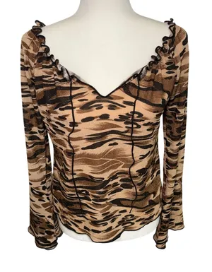 Y2K Jostar Brown Gold Animal Print Glitter V-Neck Bell‎ Sleeve Top USA Made M/L thumbnail 1