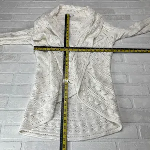 CAbi Cardigan Sweater Large Ivory Cotton Open Knit Crochet Draped Preppy Boho L‎ thumbnail 2