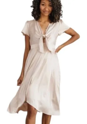NWT Baltic Born Poppy Satin Midi Dress V-Neck Open Tie Front in Champagne Sz XL‎ thumbnail 1