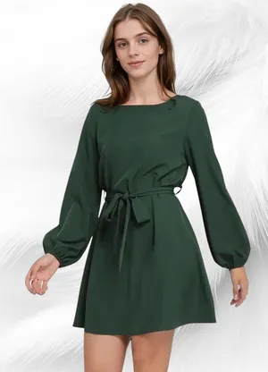 Women's Solid Round Neck Puff A-line Dress thumbnail 4