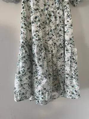 100% Cotton Green White Floral Puff Sleeve Mini Dress Small Cottagecore Romantic thumbnail 3
