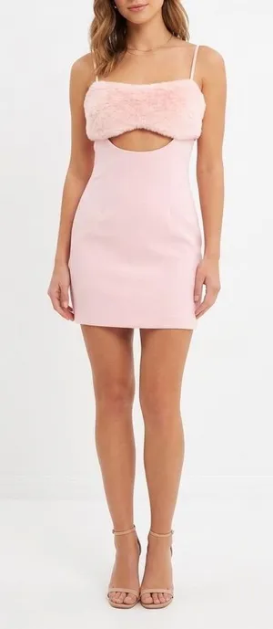 Naked Wardrobe The Statement Pink Faux Fur Cutout Mini Dress Large thumbnail 1