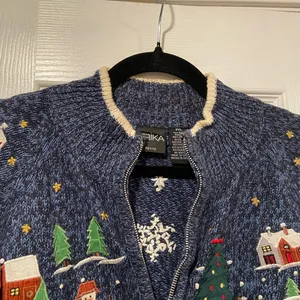 VTG Erika Size PXL Christmas Cardigan Sweater Zip Front Snowman Winter Cotton thumbnail 2