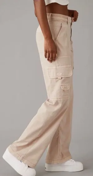 American Eagle Outfitters Ivory Beige Baggy Wide Leg Cargo Pants W Drawstring 4 thumbnail 1