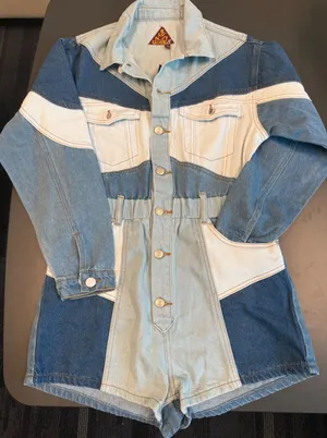 Signature 8 Women Multi Tone Denim Colorblock Romper Long Sleeve Blue Small NEW thumbnail 1