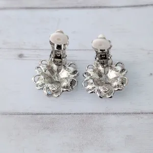 Vintage Clip On Earrings Large Turquoise Tone & Silver Tone Flower Whimsical thumbnail 5