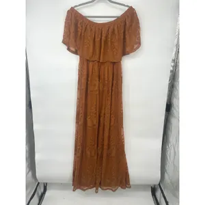 Dress Day Maxi Dress Womens M Copper Brown Lace Off Shoulder Boho Romantic thumbnail 2