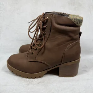 Soda Faux Leather Lace Up Combat‎ Ankle Boots Knit Cuff Block Heel Lug Sole 9W thumbnail 5