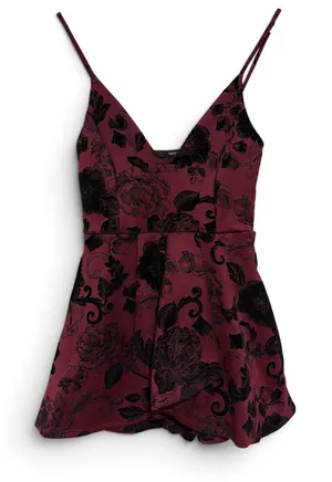 Forever 21 Burgundy Burnout velvet Flocked Floral V-Neck Draped Skort Romper M thumbnail 1