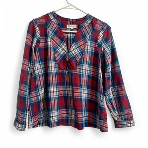 Madewell Red Blue Plaid V-Neck Popover Top Size Small Cottage‎ Cabin Fall thumbnail 5