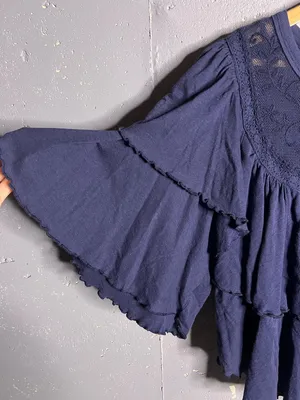 Free People Rose Party Tee Blouse Top Swingy Lace Embroidered Ruffle. Small thumbnail 7