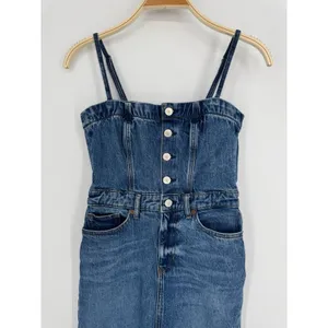 Reformation Tazz Maxi Denim Dress 0 Blue Button Front Slit Spaghetti Strap‎ Raw thumbnail 5
