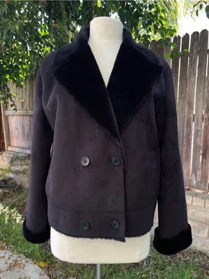 Lauren Black Label Double-Breasted faux suede faux fur coat Jacket minimalist L thumbnail 2