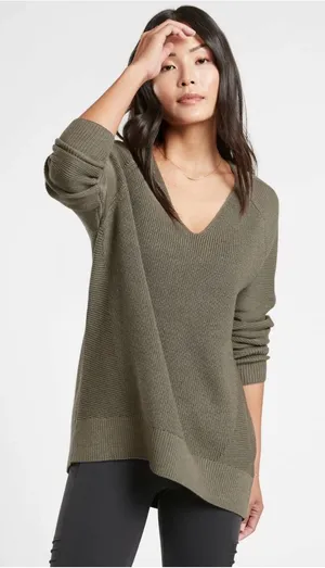 Athleta Hanover Merino Wool Blend V-Neck High Low Tunic Sweater Olive Green XL⁠ thumbnail 1