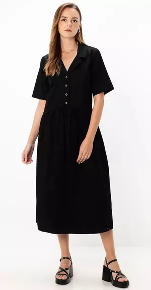 Asos Black Twill Collared Button Short Sleeve Midi A-Line Shirt Dress Size 6 thumbnail 1