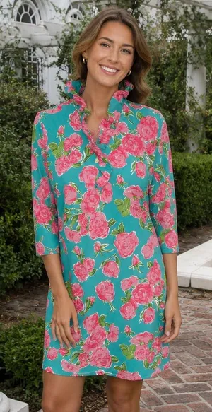 Simply Southern Pursuit of Preppiness Roses Dress Small NWT Teal Pink Ruffle thumbnail 1