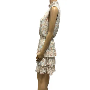 MSK Cream Floral High Neck Sleeveless Ruffled Tiered Mini Dress Womens Medium thumbnail 3