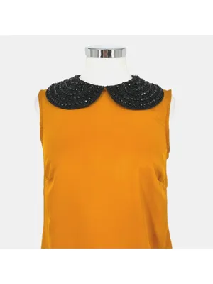 ASOS 60s Retro Mod Shift Dress Beaded Peter Pan Collar Mustard Yellow Size 8 thumbnail 2